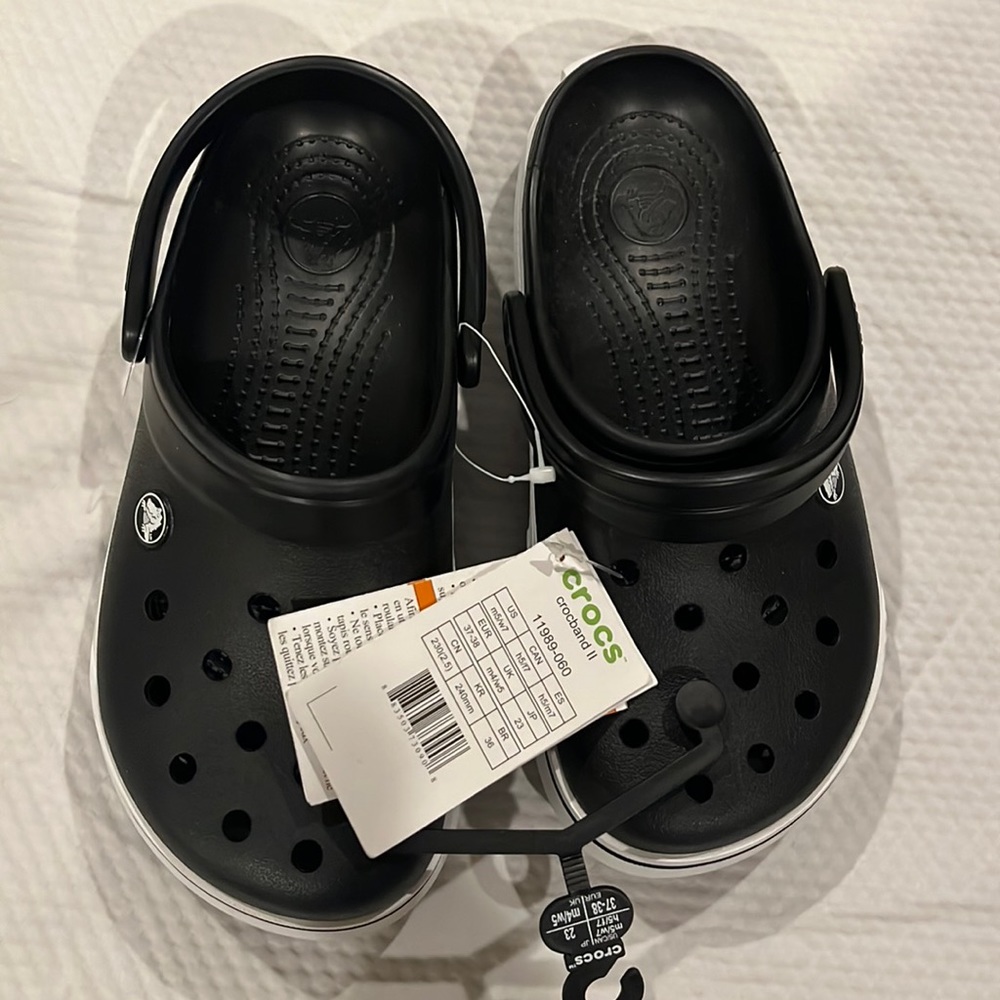 Brand, new, black, and white crocs